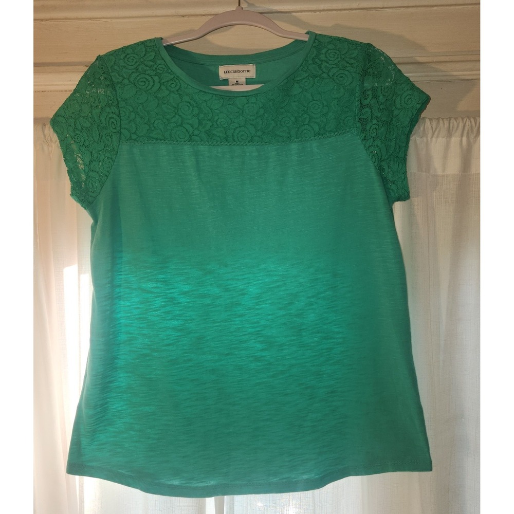 Liz Claiborne Womens Short Sleeve Top Green Lace Accent Blouse Size M